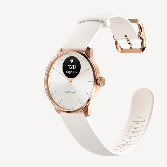 Withings ScanWatch Light White & Rose Gold — widok zegarka z otwartym jasnym paskiem i zapięciem