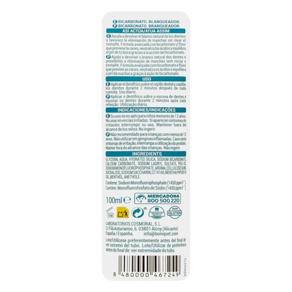 Deliplus Bicarbonato — wybielająca pasta do zębów, 100 ml — etykieta ze składem i sposobem użycia