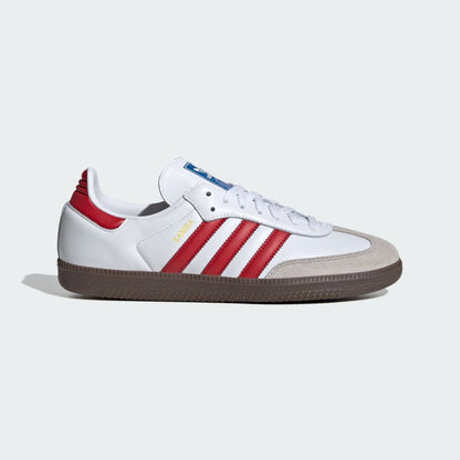 adidas Samba OG IG1025 — białe z czerwonymi paskami i gumową podeszwą