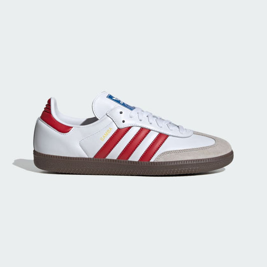 adidas Samba OG IG1025 — białe z czerwonymi paskami i gumową podeszwą