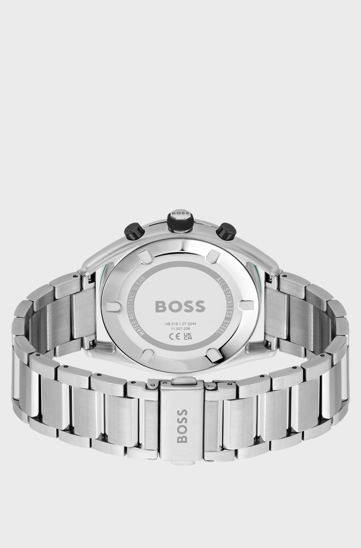 BOSS Center Court 1514023 — tył koperty i zapięcie srebrnej stalowej bransolety