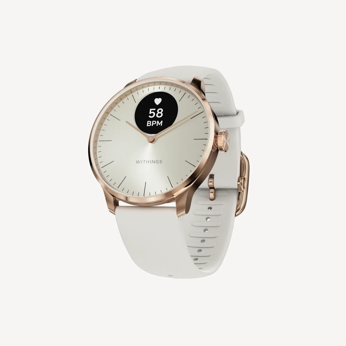 Withings ScanWatch Light 37 mm White & Rose Gold — jasna tarcza, koperta w kolorze różowego złota i jasny pasek