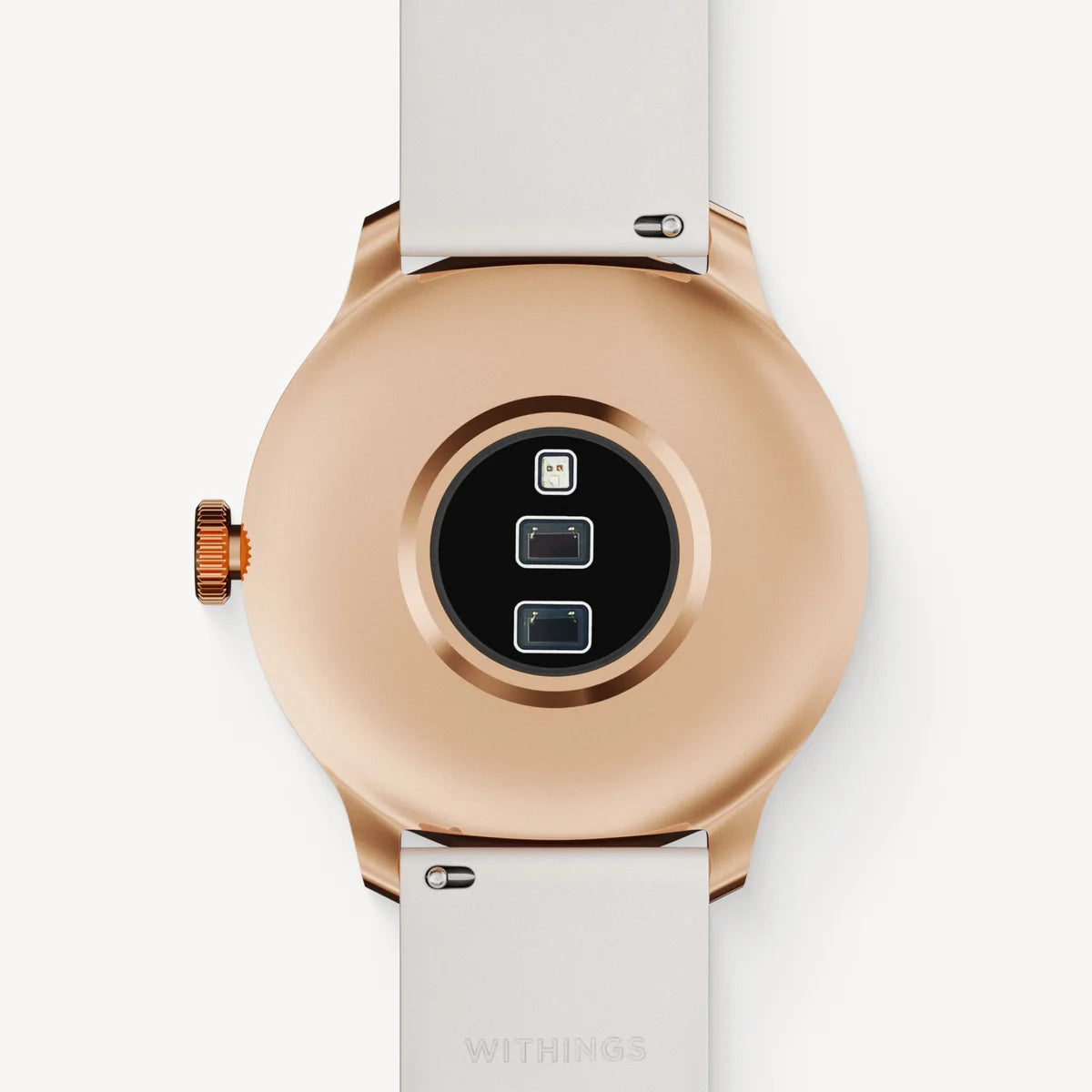 Withings ScanWatch Light 37 mm White & Rose Gold — tył koperty z czujnikiem tętna i koronką